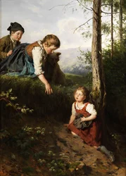 Three Children in the Forest Picking Berries